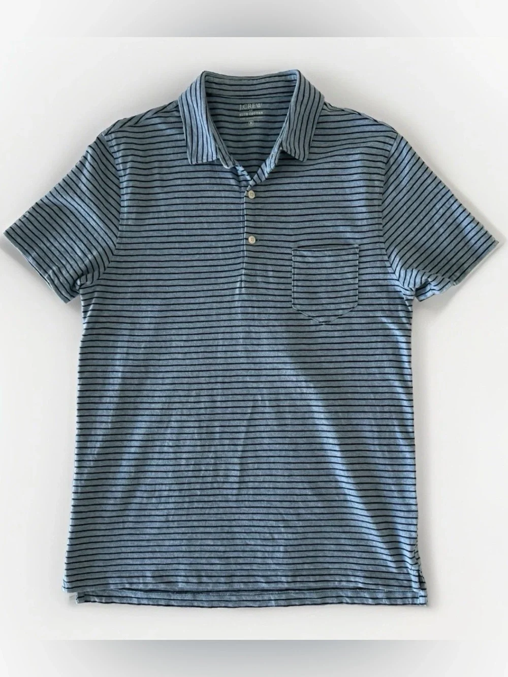J.Crew Slub Cotton Stripe Men's Medium Blue Pocket Polo Shirt Preppy Collegiate